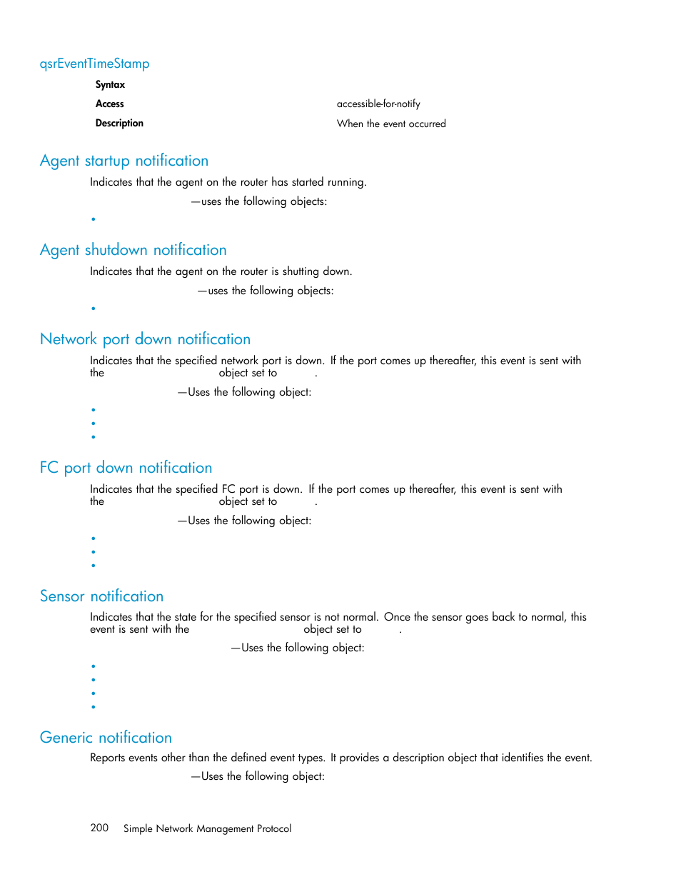 Qsreventtimestamp, Agent startup notification, Agent shutdown notification | Network port down notification, Fc port down notification, Sensor notification, Generic notification, Fibre channel port down notification | HP EVA Array iSCSI Connectivity Option User Manual | Page 200 / 229