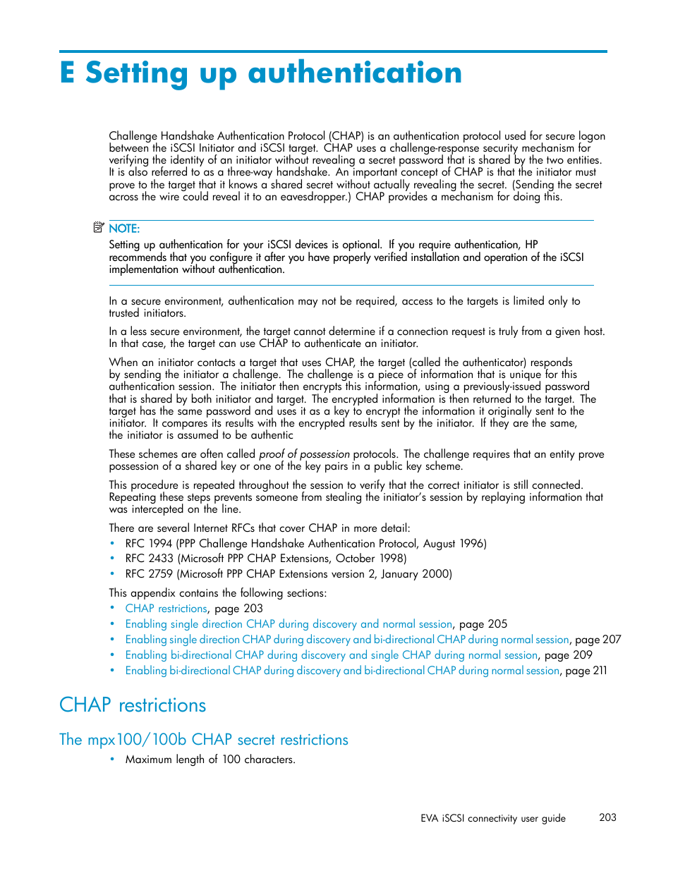 E setting up authentication, Chap restrictions, The mpx100/100b chap secret restrictions | HP EVA Array iSCSI Connectivity Option User Manual | Page 203 / 229