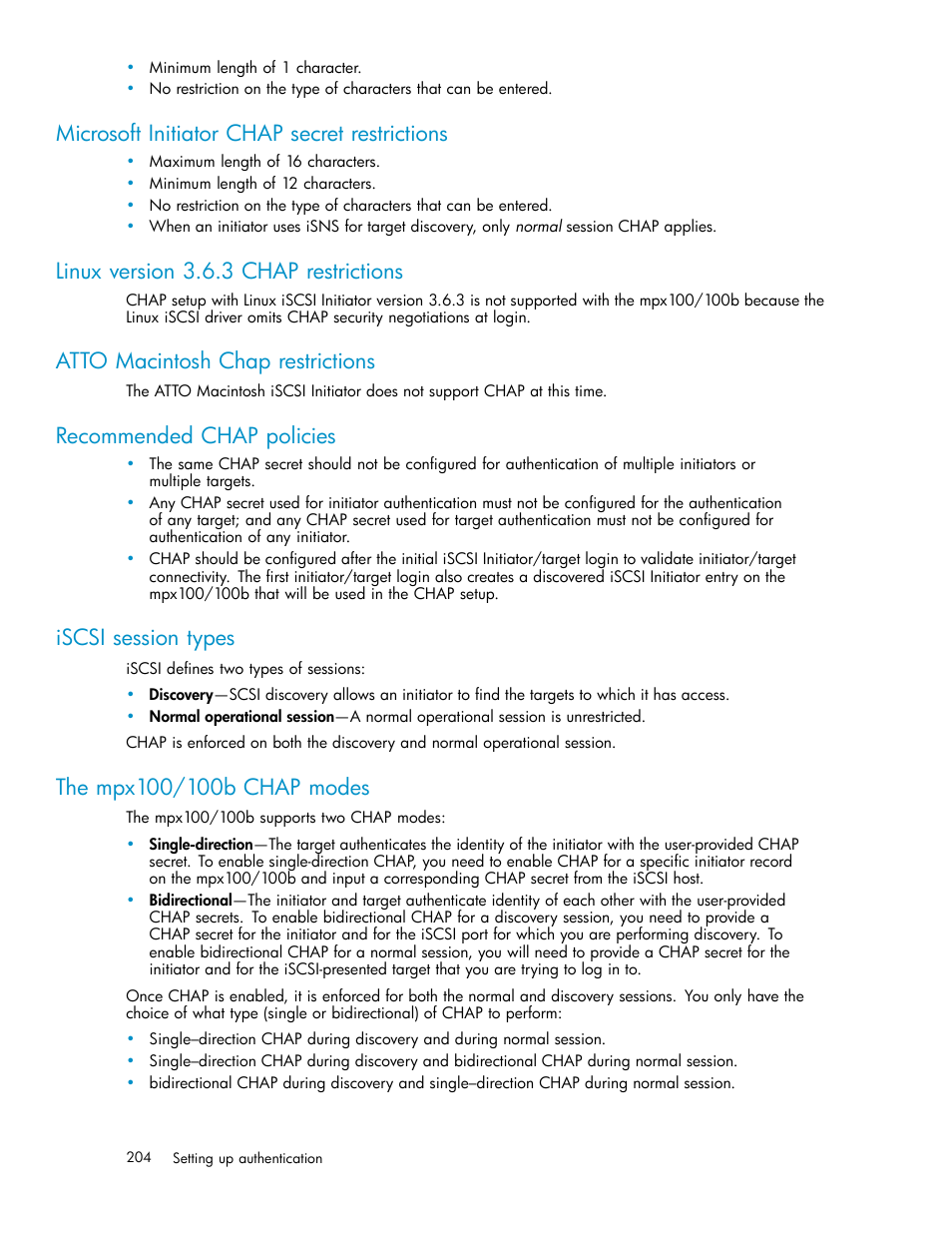Microsoft initiator chap secret restrictions, Linux version 3.6.3 chap restrictions, Atto macintosh chap restrictions | Recommended chap policies, Iscsi session types, The mpx100/100b chap modes | HP EVA Array iSCSI Connectivity Option User Manual | Page 204 / 229