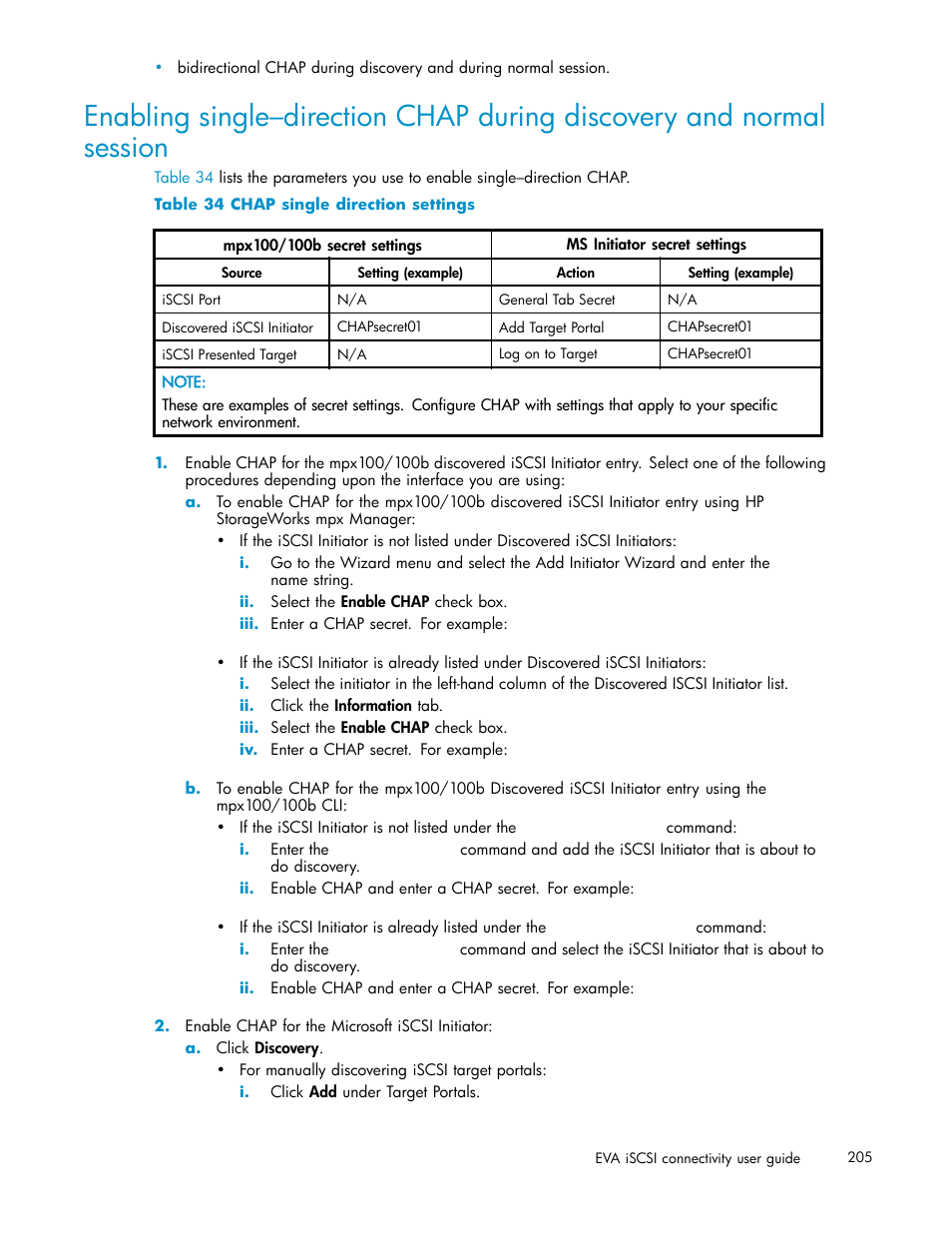 34 chap single direction settings | HP EVA Array iSCSI Connectivity Option User Manual | Page 205 / 229