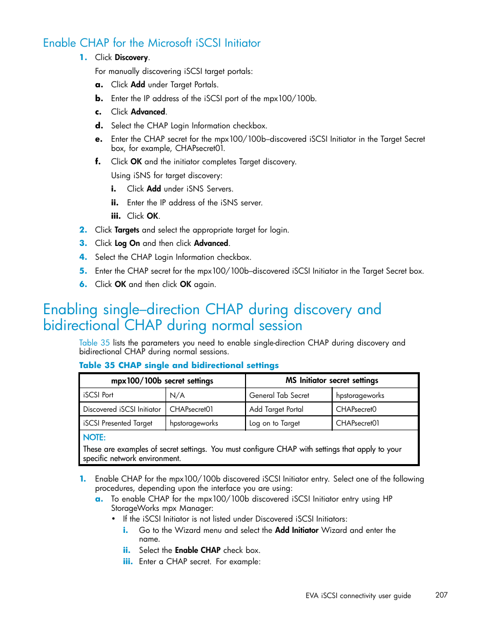 Enable chap for the microsoft iscsi initiator, 35 chap single and bidirectional settings | HP EVA Array iSCSI Connectivity Option User Manual | Page 207 / 229