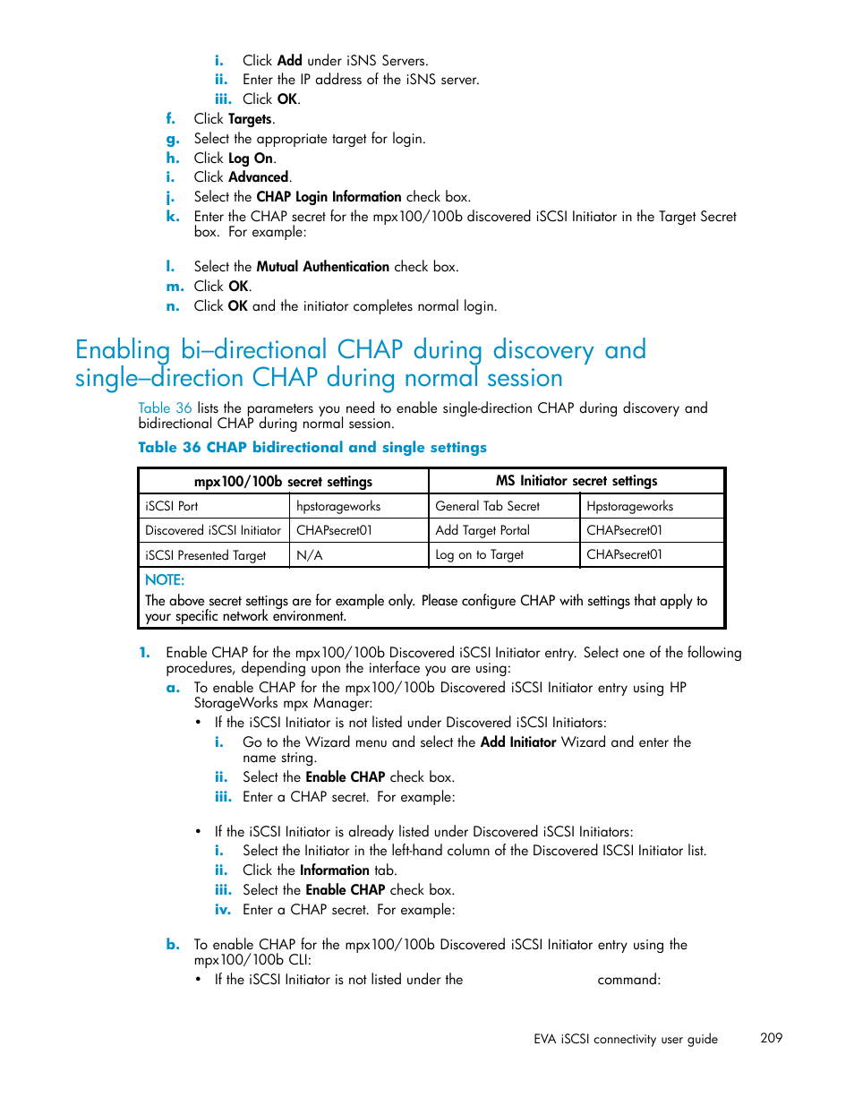 36 chap bidirectional and single settings | HP EVA Array iSCSI Connectivity Option User Manual | Page 209 / 229