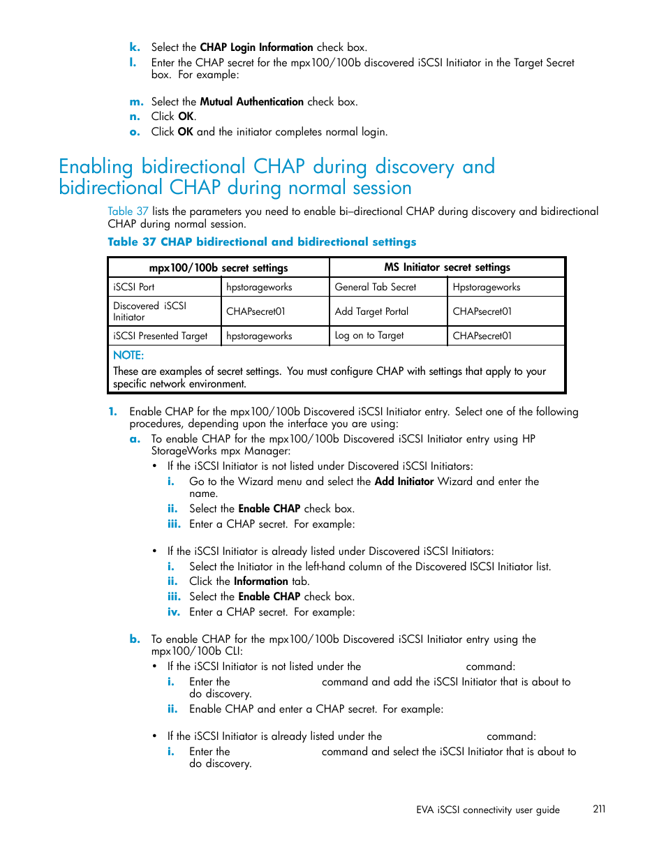 37 chap bidirectional and bidirectional settings | HP EVA Array iSCSI Connectivity Option User Manual | Page 211 / 229