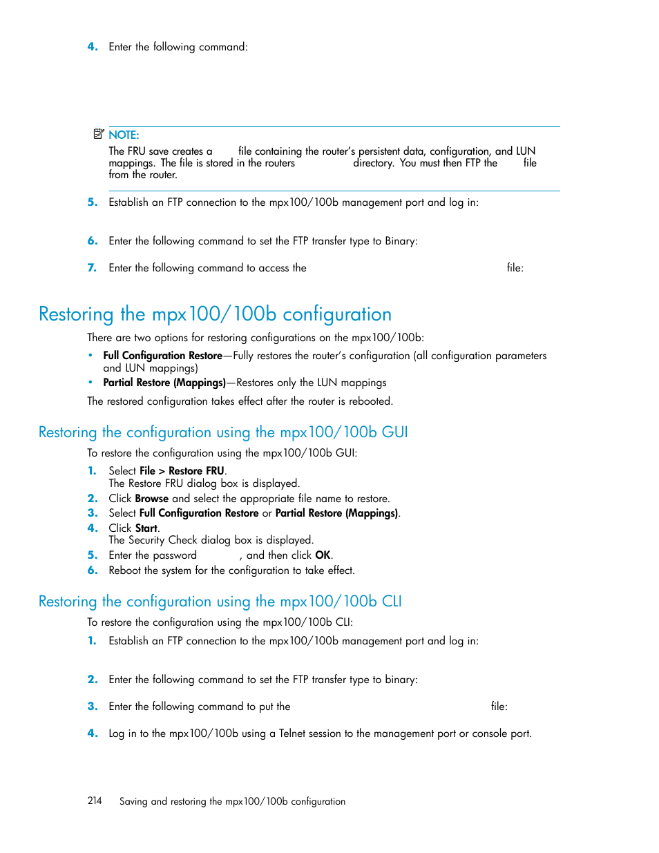 Restoring the mpx100/100b configuration, Restoring the mpx100 configuration | HP EVA Array iSCSI Connectivity Option User Manual | Page 214 / 229