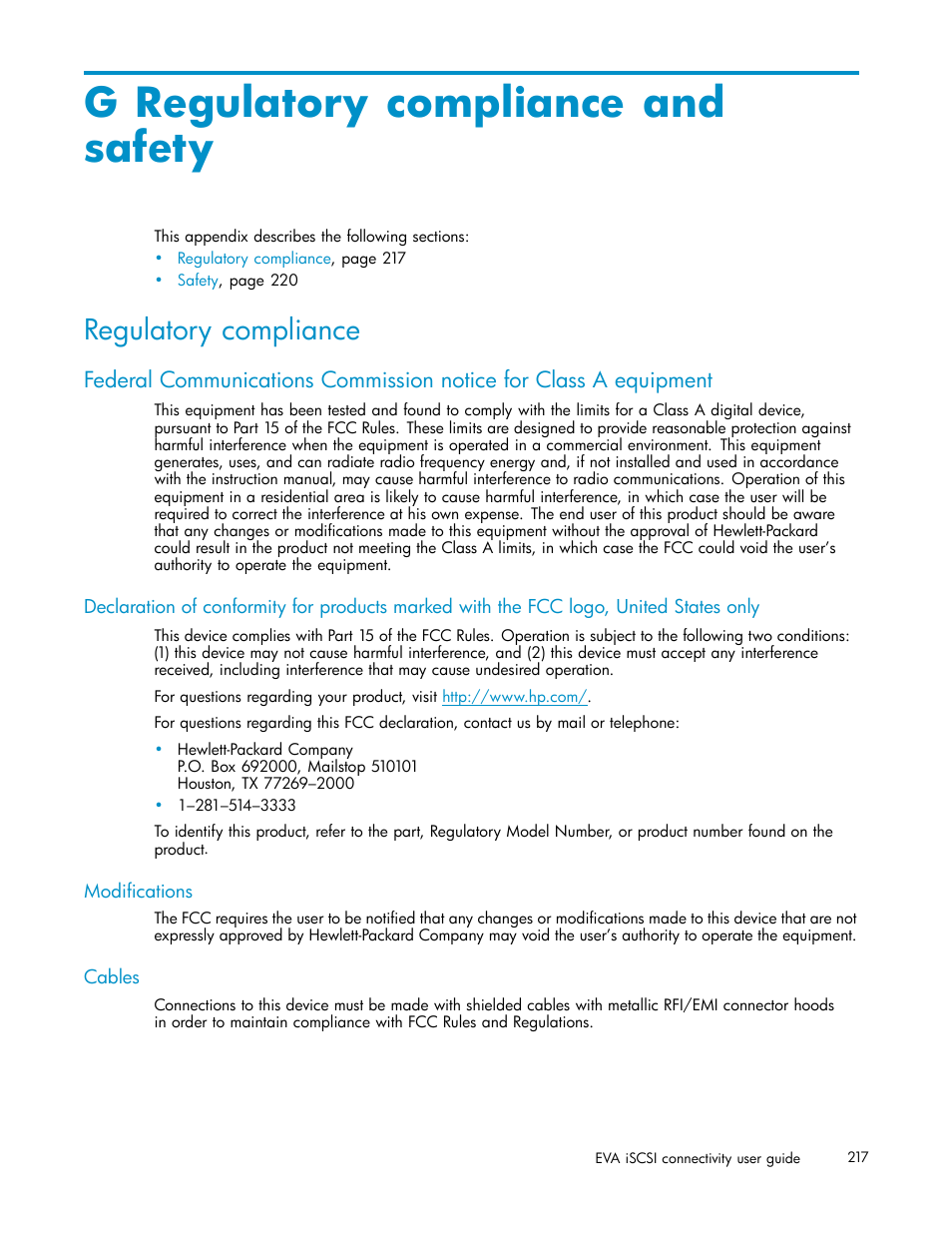 G regulatory compliance and safety, Regulatory compliance, Modifications | Cables | HP EVA Array iSCSI Connectivity Option User Manual | Page 217 / 229