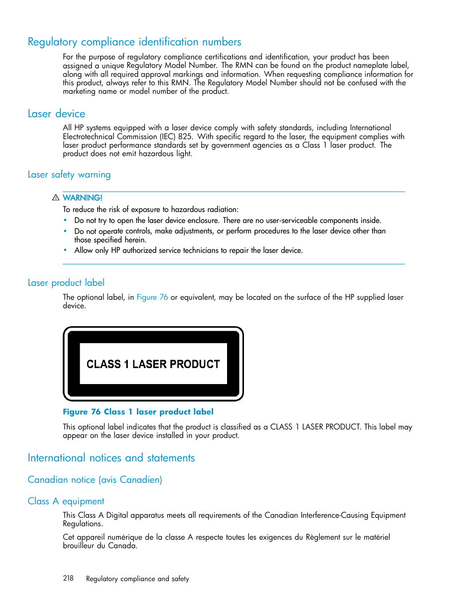 Regulatory compliance identification numbers, Laser device, Laser safety warning | Laser product label, International notices and statements, Canadian notice (avis canadien), Class a equipment, 76 class 1 laser product label | HP EVA Array iSCSI Connectivity Option User Manual | Page 218 / 229