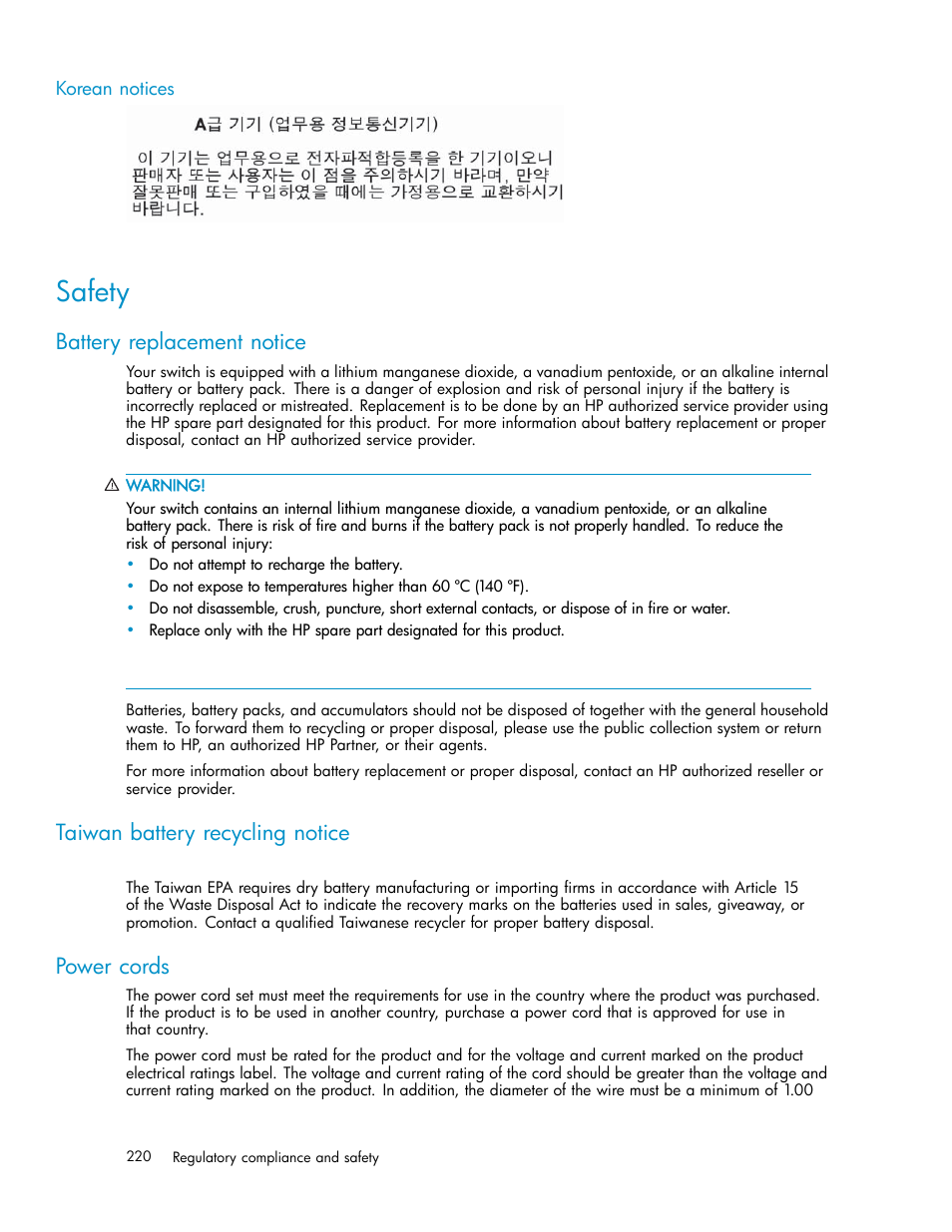 Korean notices, Safety, Battery replacement notice | Taiwan battery recycling notice, Power cords | HP EVA Array iSCSI Connectivity Option User Manual | Page 220 / 229