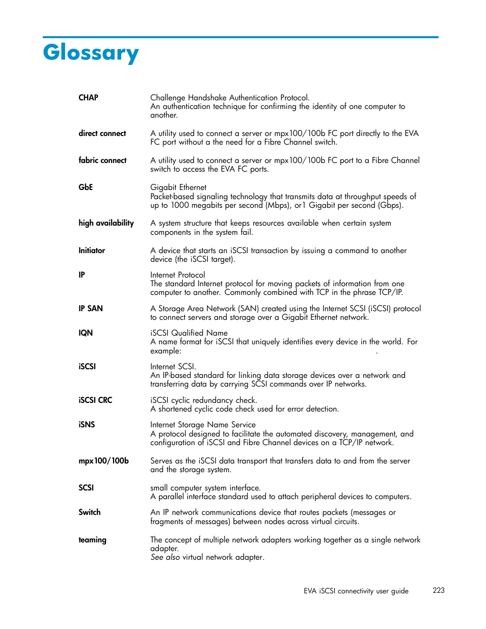 Glossary | HP EVA Array iSCSI Connectivity Option User Manual | Page 223 / 229