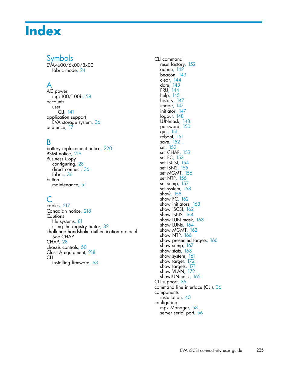 Index, Symbols | HP EVA Array iSCSI Connectivity Option User Manual | Page 225 / 229