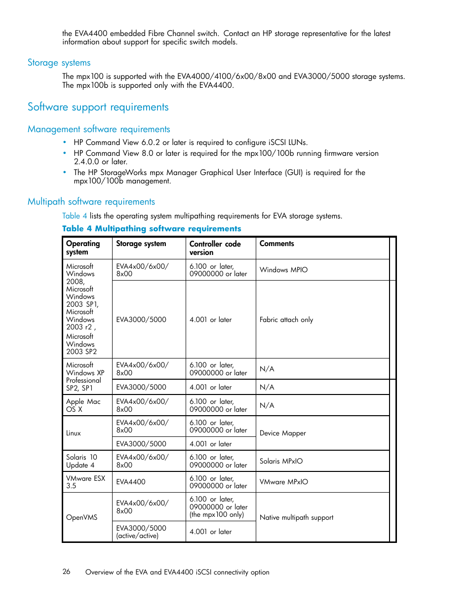 Storage systems, Software support requirements, Management software requirements | Multipath software requirements, 4 multipathing software requirements | HP EVA Array iSCSI Connectivity Option User Manual | Page 26 / 229