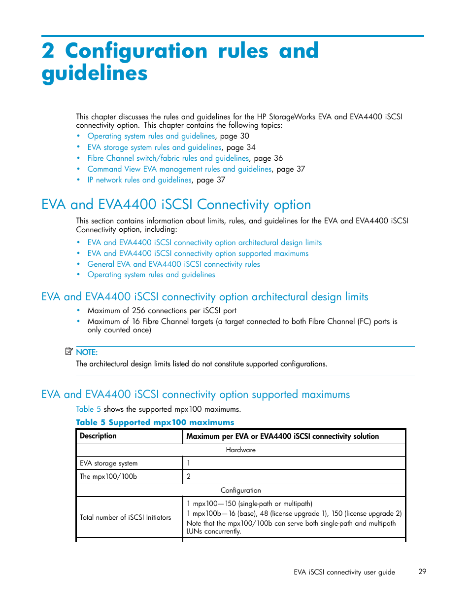 2 configuration rules and guidelines, Eva and eva4400 iscsi connectivity option, 5 supported mpx100 maximums | Chapter 2 | HP EVA Array iSCSI Connectivity Option User Manual | Page 29 / 229