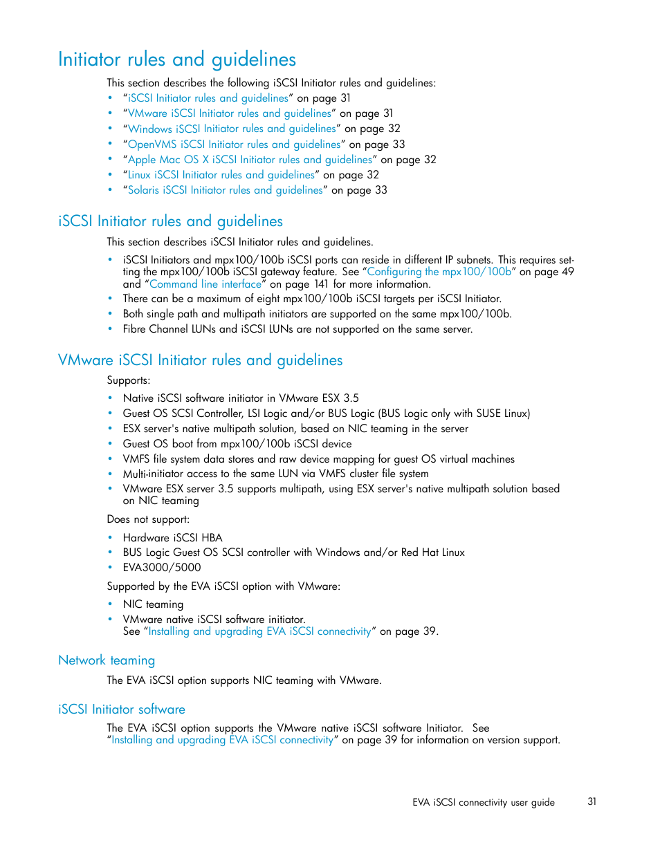 Initiator rules and guidelines, Iscsi initiator rules and guidelines, Vmware iscsi initiator rules and guidelines | Network teaming, Iscsi initiator software | HP EVA Array iSCSI Connectivity Option User Manual | Page 31 / 229