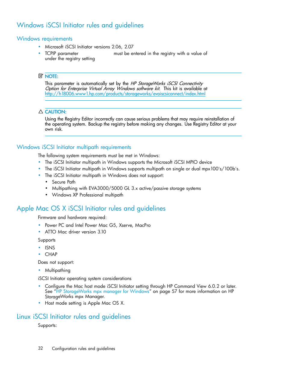 Windows iscsi initiator rules and guidelines, Windows requirements, Windows iscsi initiator multipath requirements | Linux iscsi initiator rules and guidelines | HP EVA Array iSCSI Connectivity Option User Manual | Page 32 / 229