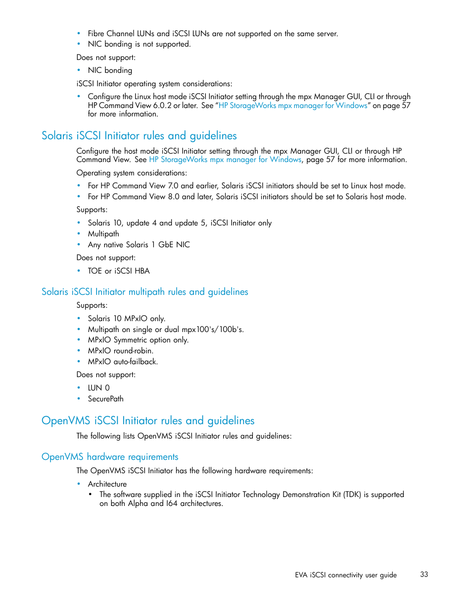 Solaris iscsi initiator rules and guidelines, Openvms iscsi initiator rules and guidelines, Openvms hardware requirements | HP EVA Array iSCSI Connectivity Option User Manual | Page 33 / 229