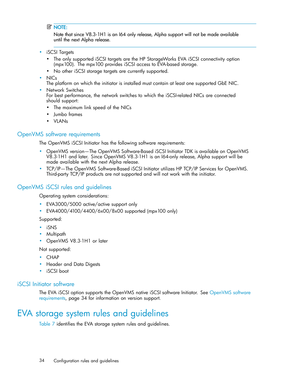 Openvms software requirements, Openvms iscsi rules and guidelines, Iscsi initiator software | Eva storage system rules and guidelines | HP EVA Array iSCSI Connectivity Option User Manual | Page 34 / 229