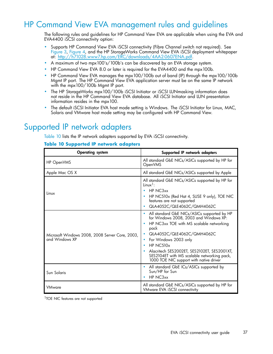 Supported ip network adapters, 10 supported ip network adapters, Command view eva management rules and guidelines | Ip network rules and guidelines | HP EVA Array iSCSI Connectivity Option User Manual | Page 37 / 229