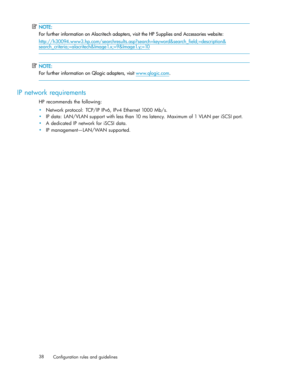 Ip network requirements | HP EVA Array iSCSI Connectivity Option User Manual | Page 38 / 229