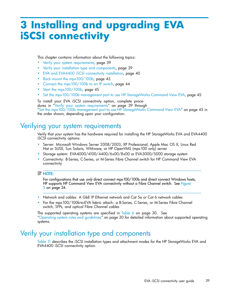 3 installing and upgrading eva iscsi connectivity, Verifying your system requirements, Verify your installation type and components | Installing and upgrading eva iscsi connectivity | HP EVA Array iSCSI Connectivity Option User Manual | Page 39 / 229