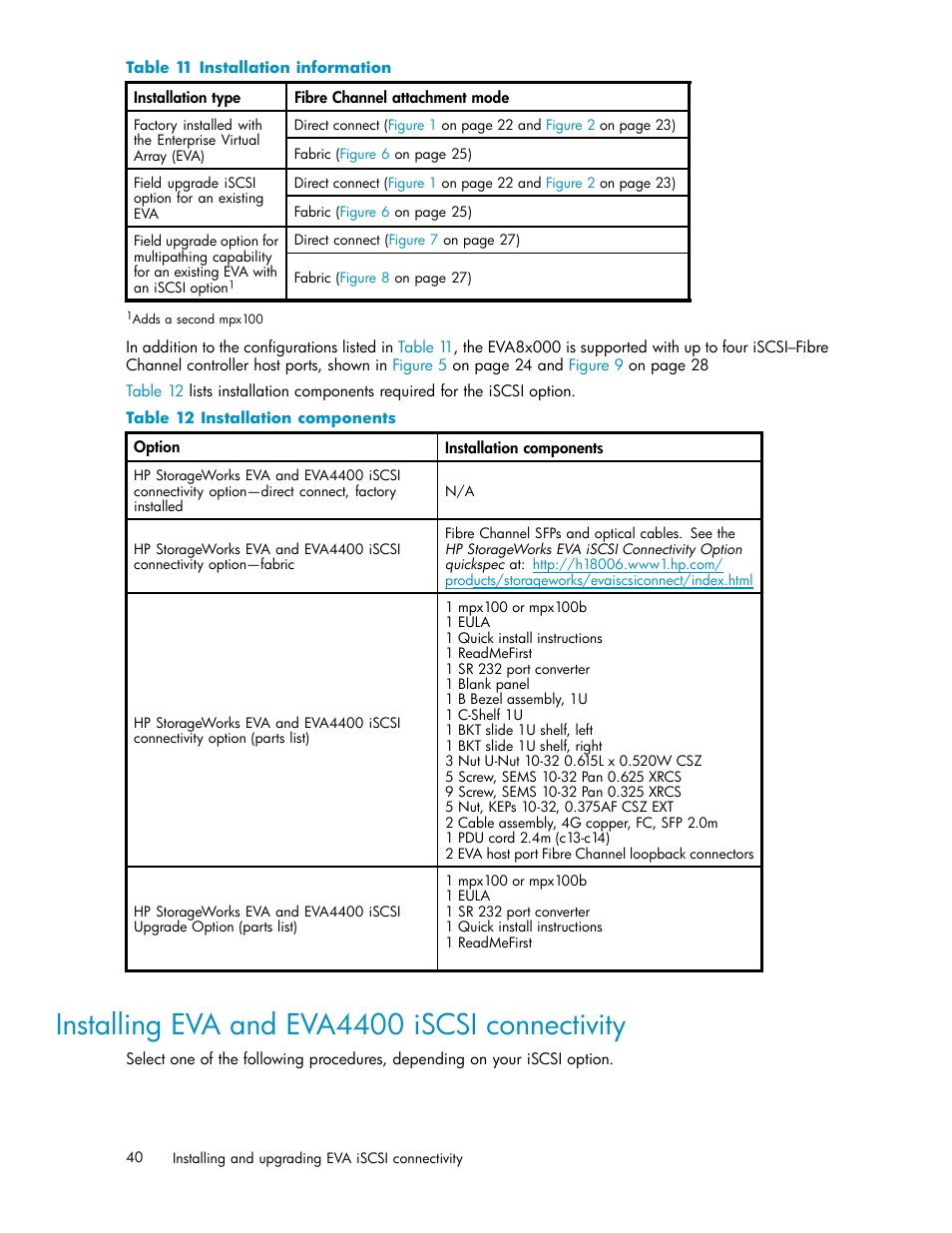 Installing eva and eva4400 iscsi connectivity, 11 installation information, 12 installation components | Table 12, Eva and eva4400 iscsi connectivity installation, Table 11 | HP EVA Array iSCSI Connectivity Option User Manual | Page 40 / 229