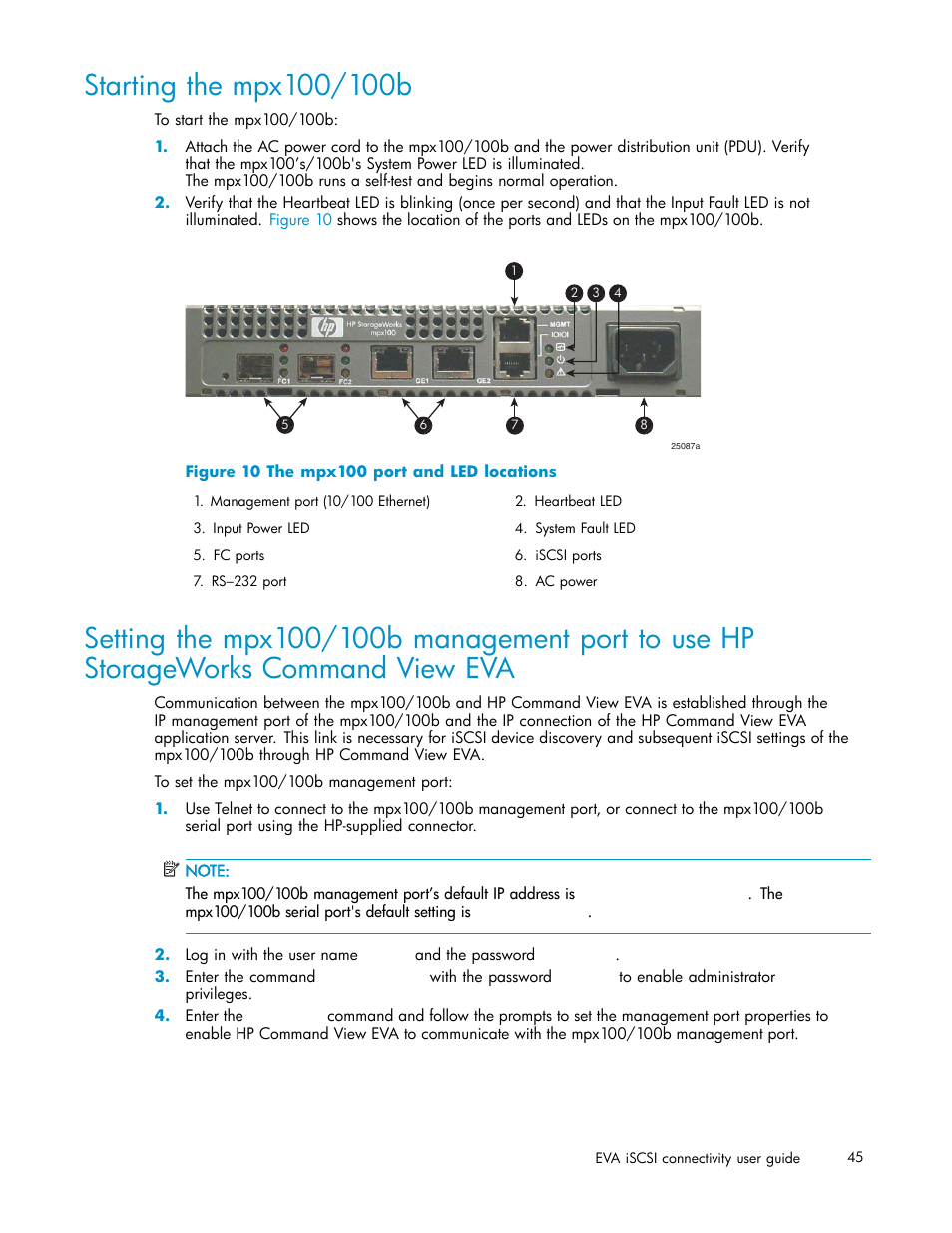 Starting the mpx100/100b, 10 the mpx100 port and led locations, Start the mpx100/100b | HP EVA Array iSCSI Connectivity Option User Manual | Page 45 / 229