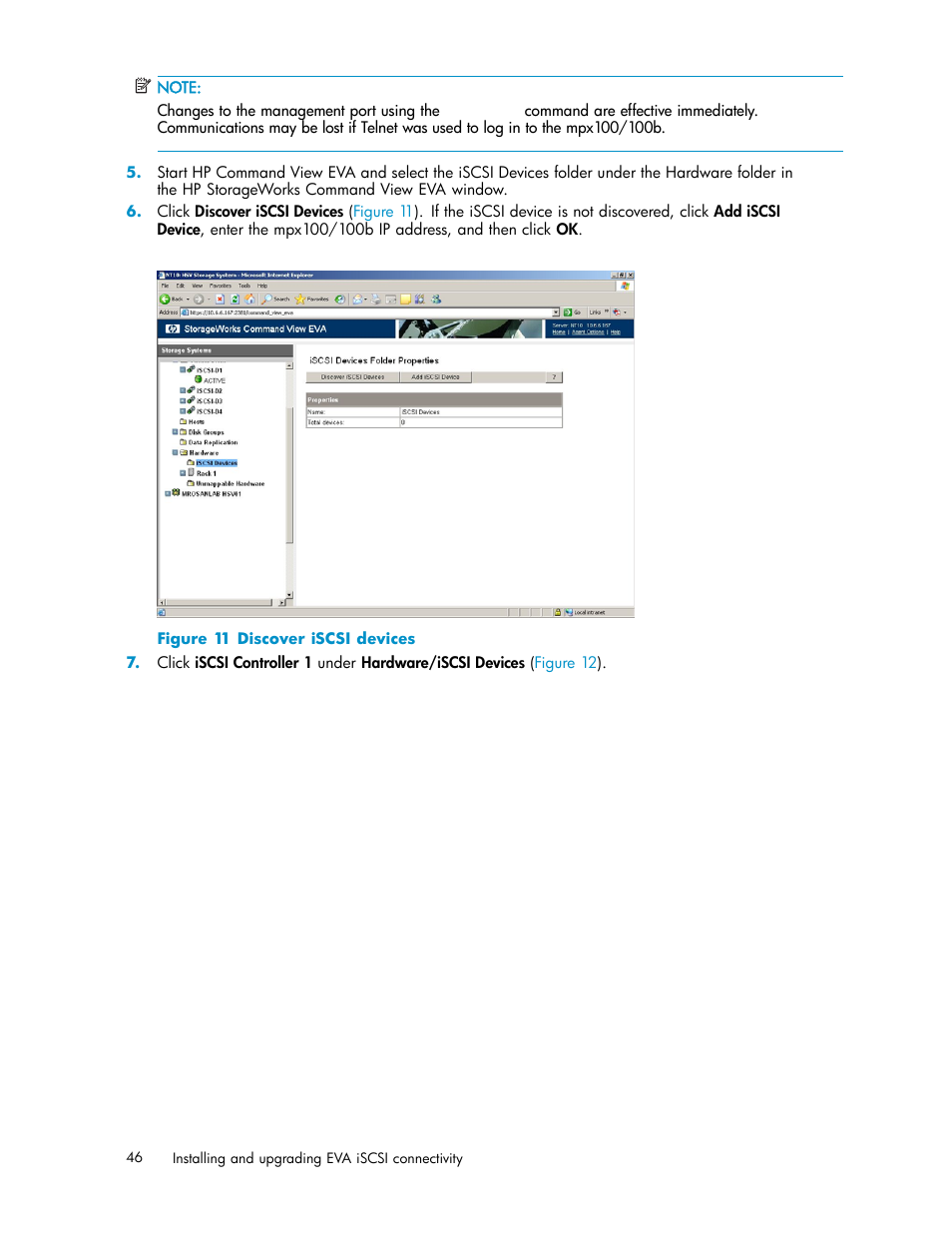 11 discover iscsi devices | HP EVA Array iSCSI Connectivity Option User Manual | Page 46 / 229