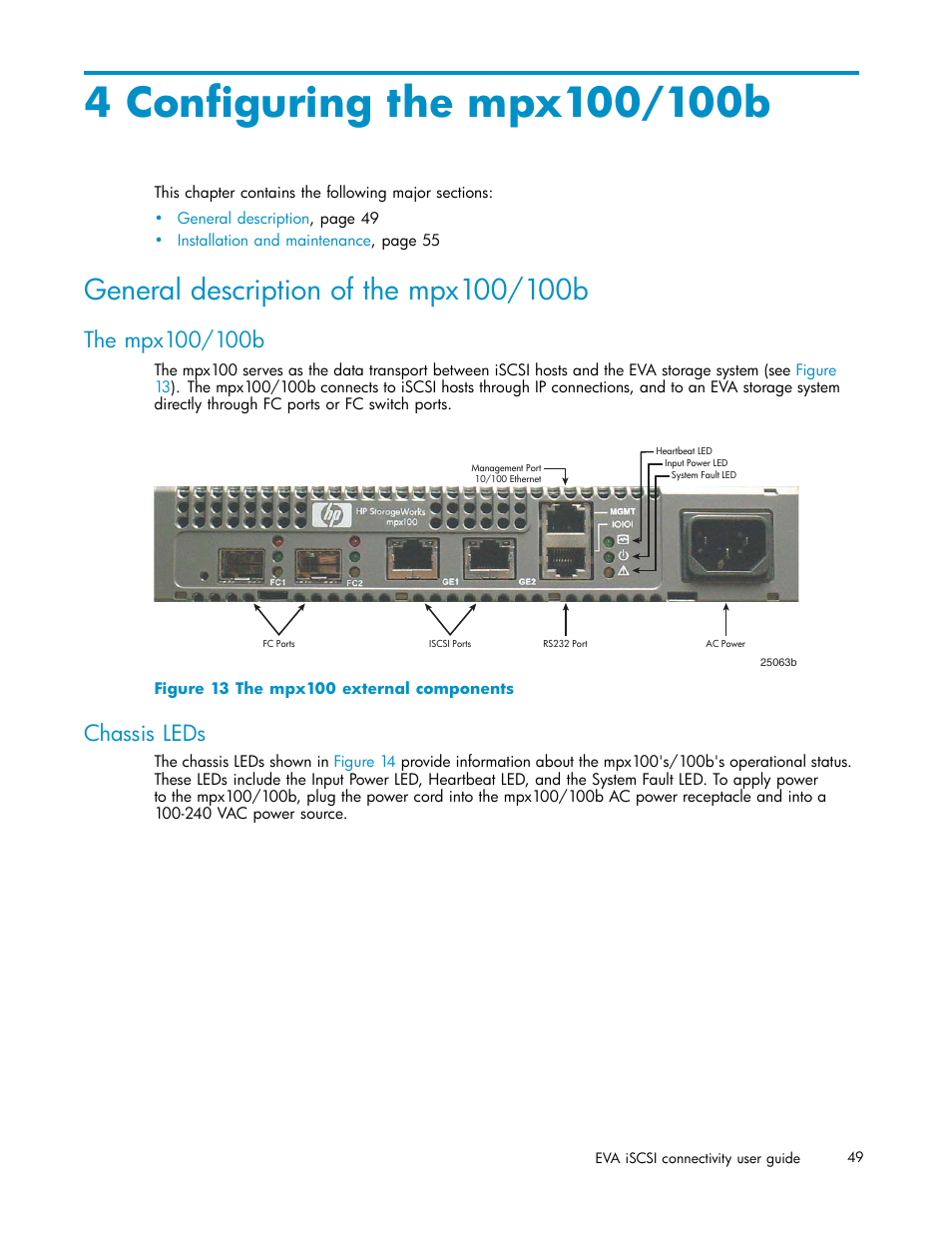 4 configuring the mpx100/100b, General description of the mpx100/100b, The mpx100/100b | Chassis leds, 13 the mpx100 external components, Configuring the mpx100/100b | HP EVA Array iSCSI Connectivity Option User Manual | Page 49 / 229