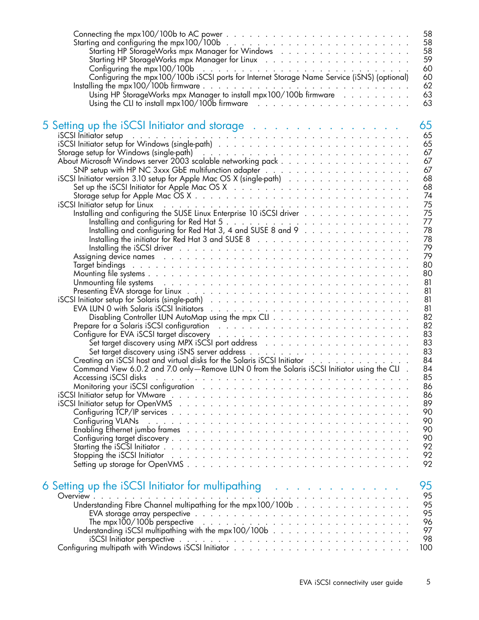 5 setting up the iscsi initiator and storage, 6 setting up the iscsi initiator for multipathing | HP EVA Array iSCSI Connectivity Option User Manual | Page 5 / 229