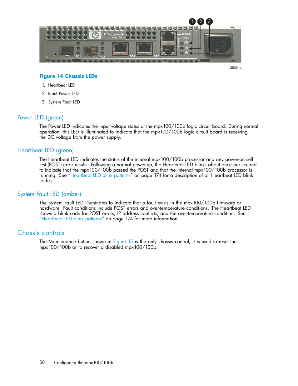 Power led (green), Heartbeat led (green), System fault led (amber) | Chassis controls, 14 chassis leds, Figure 14 | HP EVA Array iSCSI Connectivity Option User Manual | Page 50 / 229