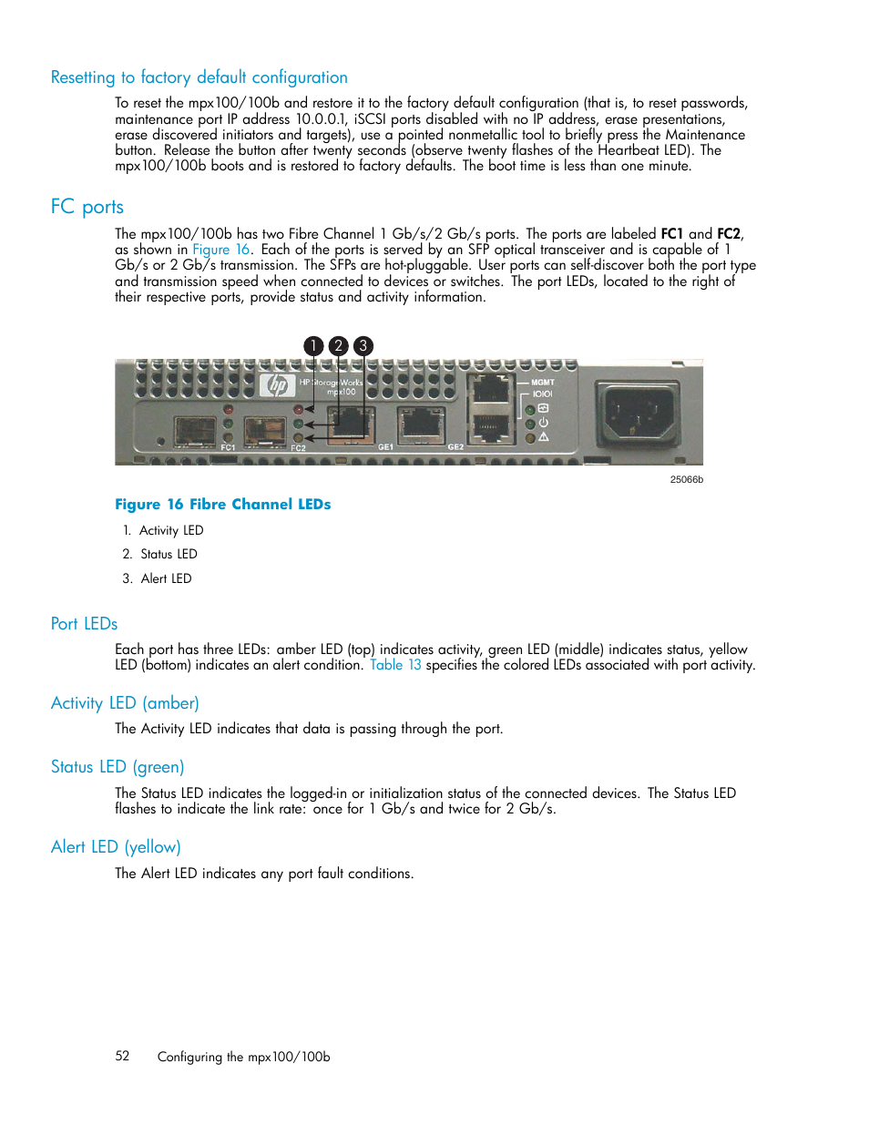 Resetting to factory default configuration, Fc ports, Port leds | Activity led (amber), Status led (green), Alert led (yellow), 16 fibre channel leds | HP EVA Array iSCSI Connectivity Option User Manual | Page 52 / 229