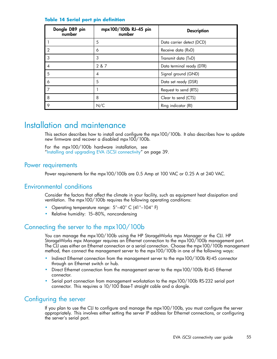 Installation and maintenance, Power requirements, Environmental conditions | Connecting the server to the mpx100/100b, Configuring the server, 14 serial port pin definition | HP EVA Array iSCSI Connectivity Option User Manual | Page 55 / 229