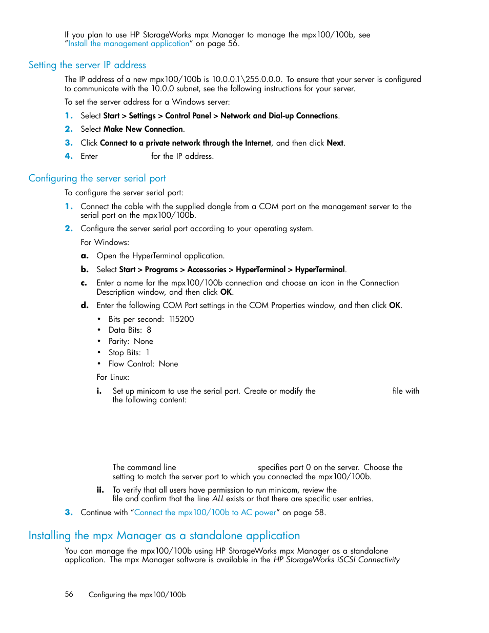 Setting the server ip address, Configuring the server serial port | HP EVA Array iSCSI Connectivity Option User Manual | Page 56 / 229