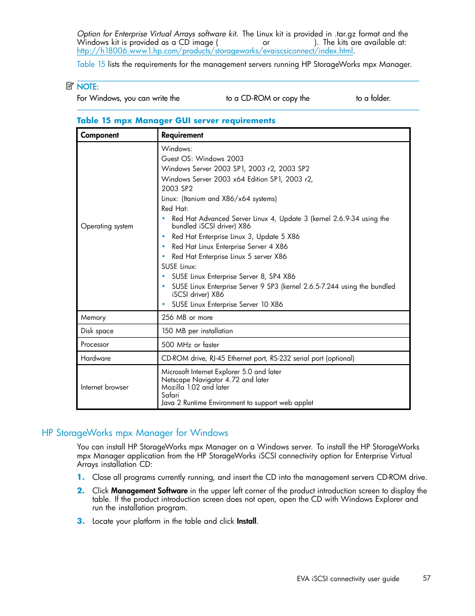 Hp storageworks mpx manager for windows, 15 mpx manager gui server requirements | HP EVA Array iSCSI Connectivity Option User Manual | Page 57 / 229