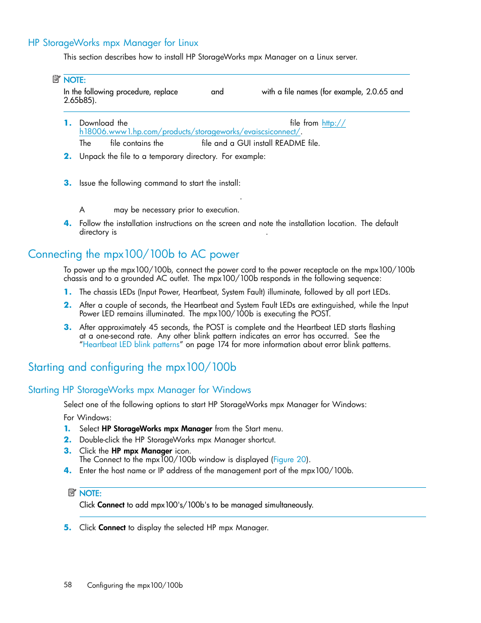 Hp storageworks mpx manager for linux, Connecting the mpx100/100b to ac power, Starting and configuring the mpx100/100b | Starting hp storageworks mpx manager for windows, Connect the mpx100/100b to ac power | HP EVA Array iSCSI Connectivity Option User Manual | Page 58 / 229