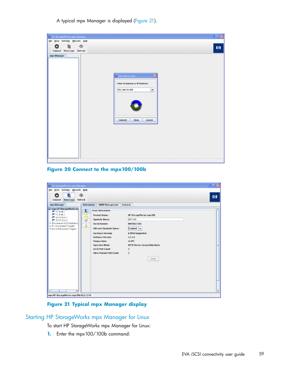 Starting hp storageworks mpx manager for linux, 20 connect to the mpx100/100b, 21 typical mpx manager display | Figure 20 | HP EVA Array iSCSI Connectivity Option User Manual | Page 59 / 229