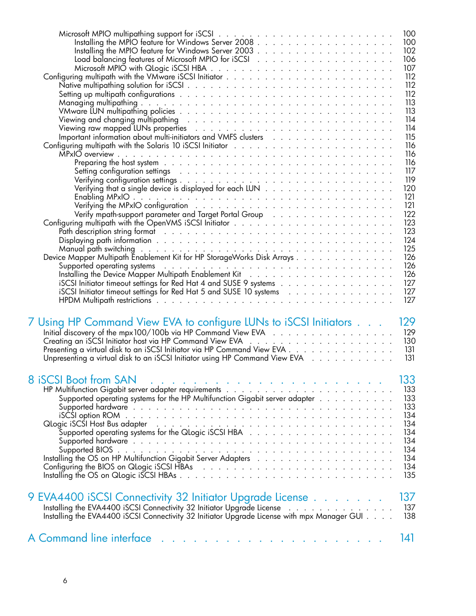 8 iscsi boot from san, A command line interface | HP EVA Array iSCSI Connectivity Option User Manual | Page 6 / 229