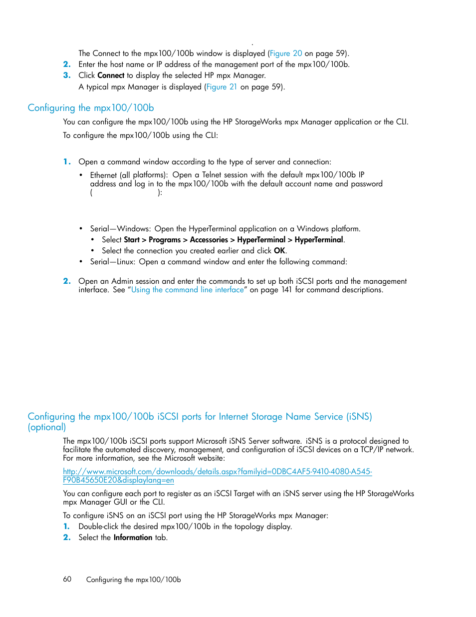Configuring the mpx100/100b | HP EVA Array iSCSI Connectivity Option User Manual | Page 60 / 229