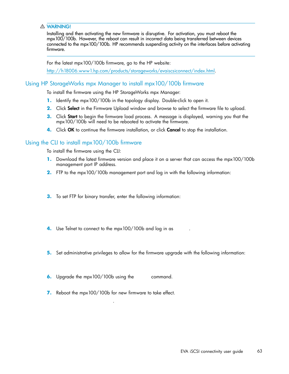 Using the cli to install mpx100/100b firmware | HP EVA Array iSCSI Connectivity Option User Manual | Page 63 / 229