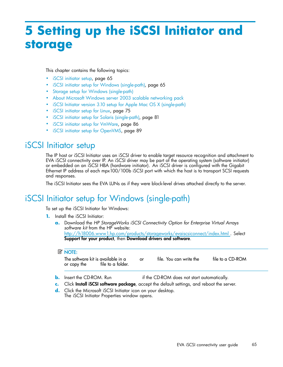 5 setting up the iscsi initiator and storage, Iscsi initiator setup, Iscsi initiator setup for windows (single-path) | HP EVA Array iSCSI Connectivity Option User Manual | Page 65 / 229