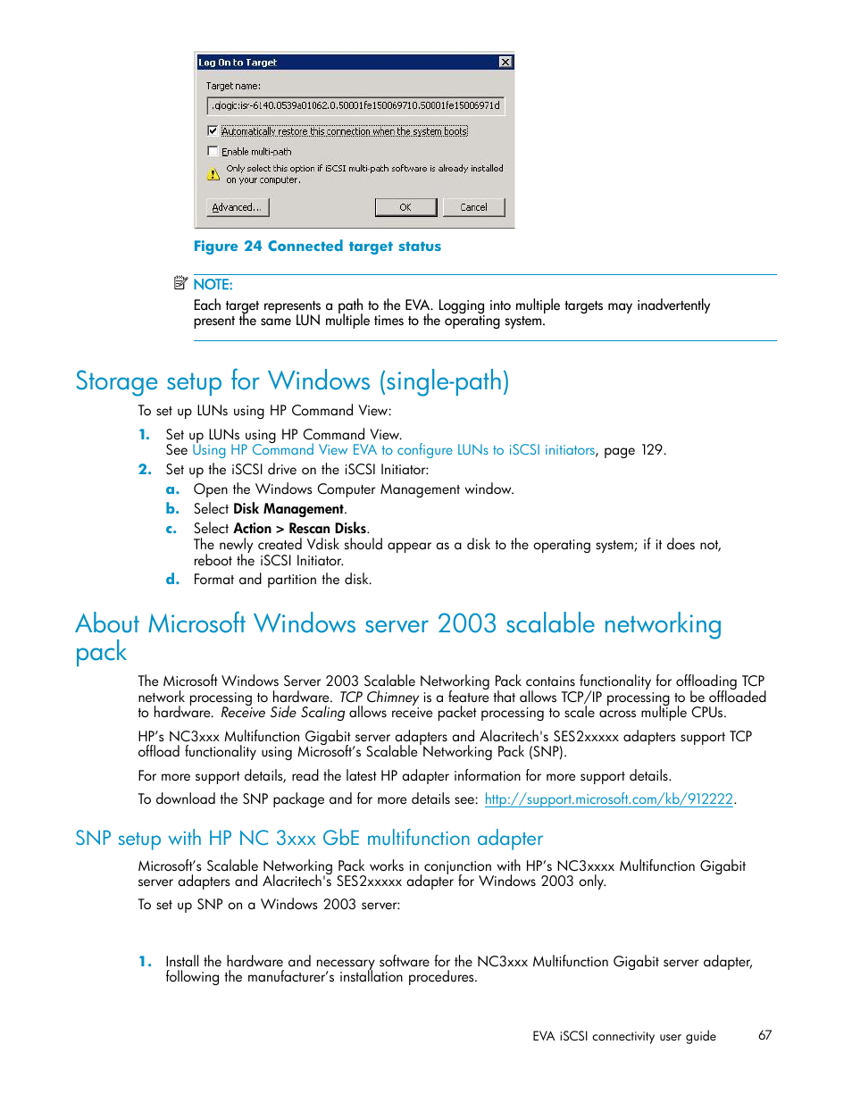 Storage setup for windows (single-path), 24 connected target status, Figure 24 | HP EVA Array iSCSI Connectivity Option User Manual | Page 67 / 229