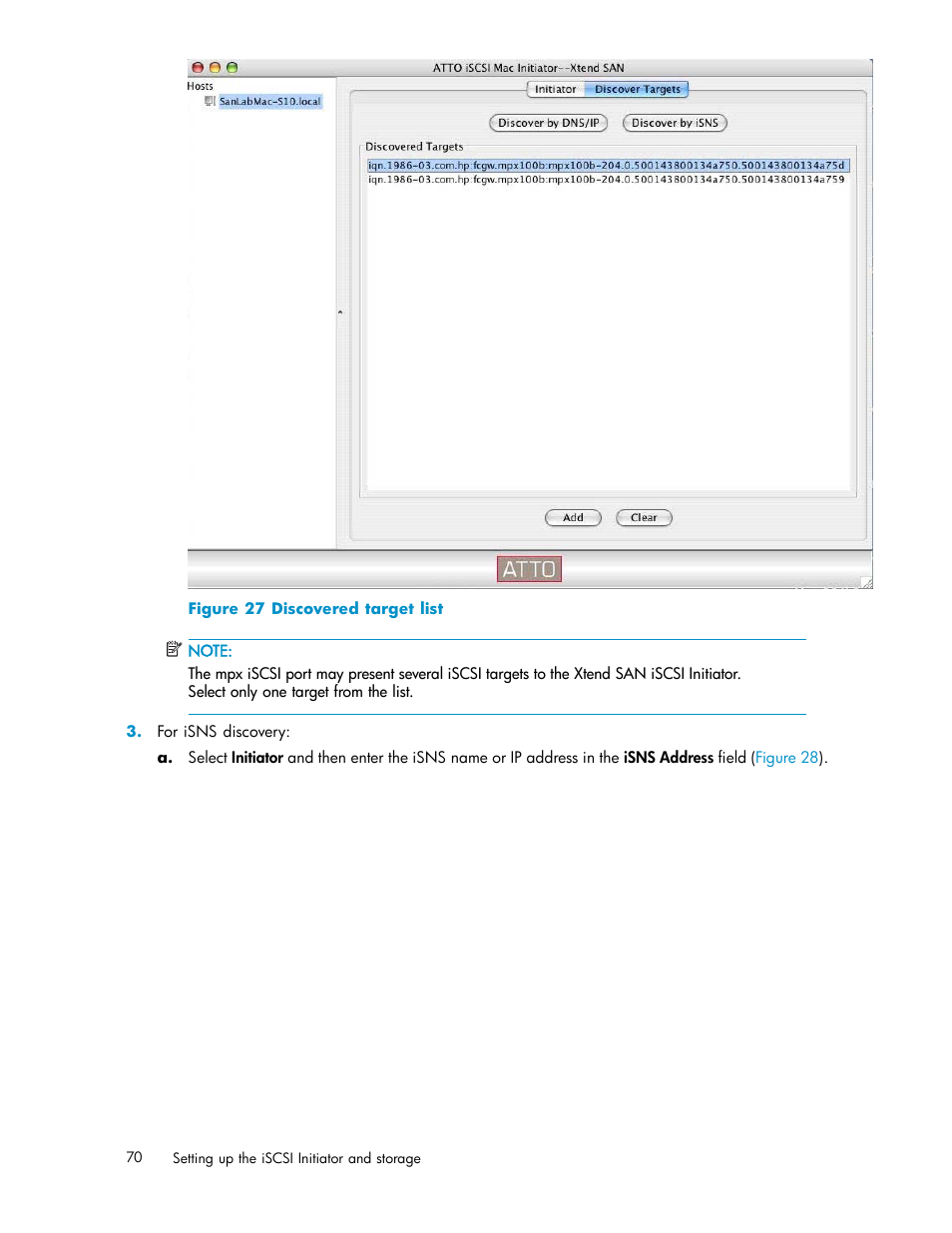 27 discovered target list, Figure 27 | HP EVA Array iSCSI Connectivity Option User Manual | Page 70 / 229