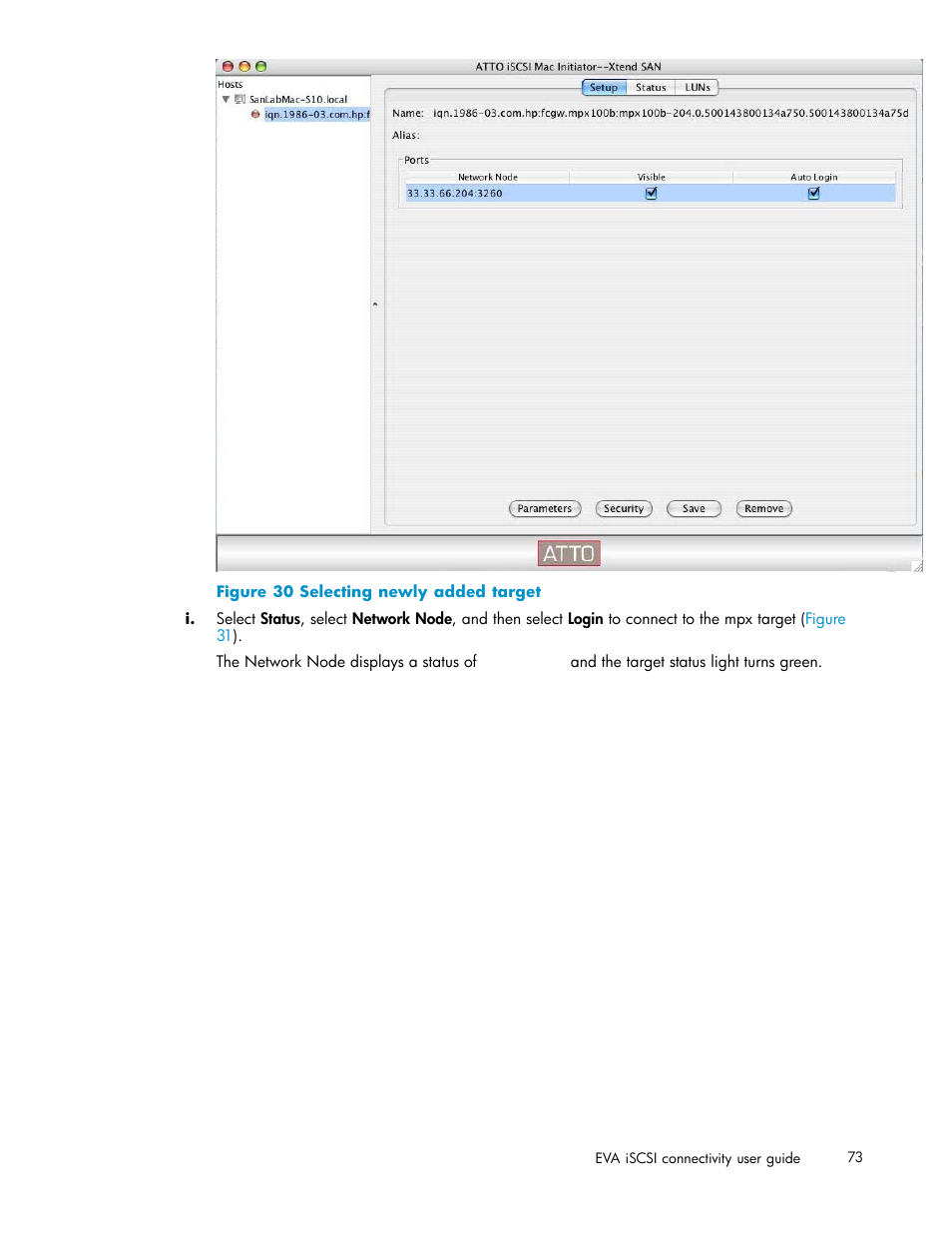 30 selecting newly added target | HP EVA Array iSCSI Connectivity Option User Manual | Page 73 / 229