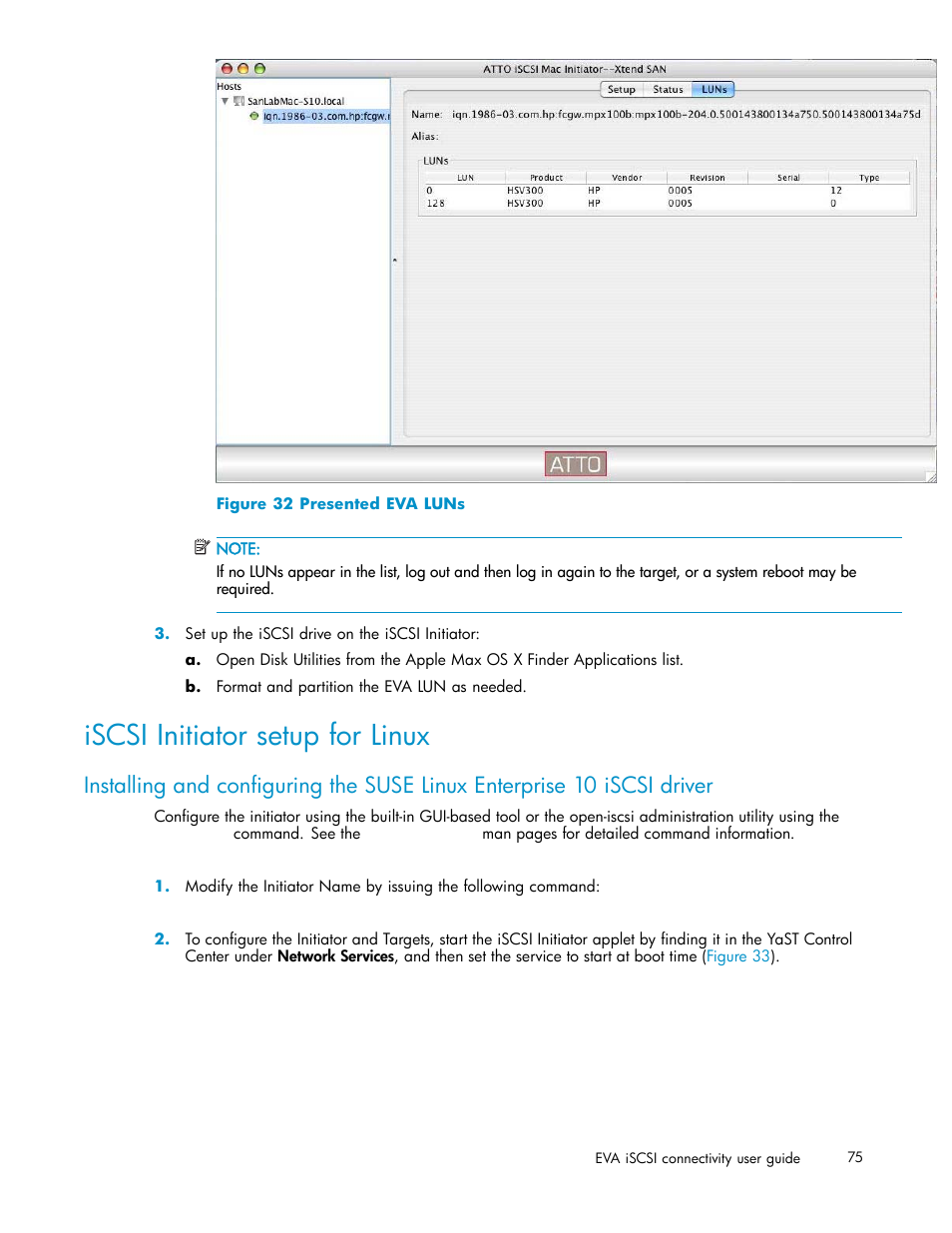 Iscsi initiator setup for linux, 32 presented eva luns, Figure 32 | HP EVA Array iSCSI Connectivity Option User Manual | Page 75 / 229