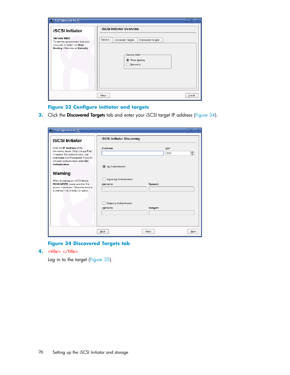 33 configure initiator and targets, 34 discovered targets tab | HP EVA Array iSCSI Connectivity Option User Manual | Page 76 / 229