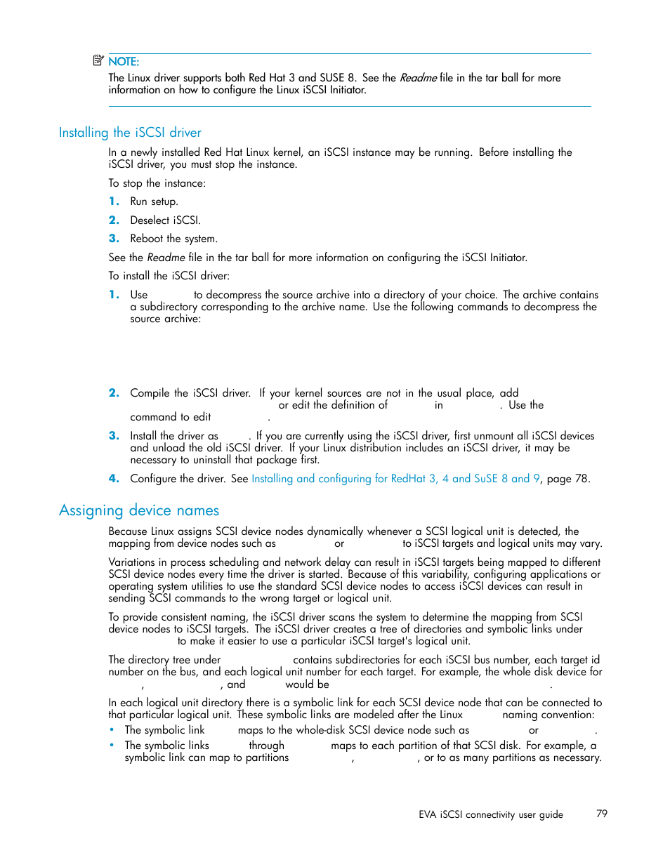 Installing the iscsi driver, Assigning device names | HP EVA Array iSCSI Connectivity Option User Manual | Page 79 / 229