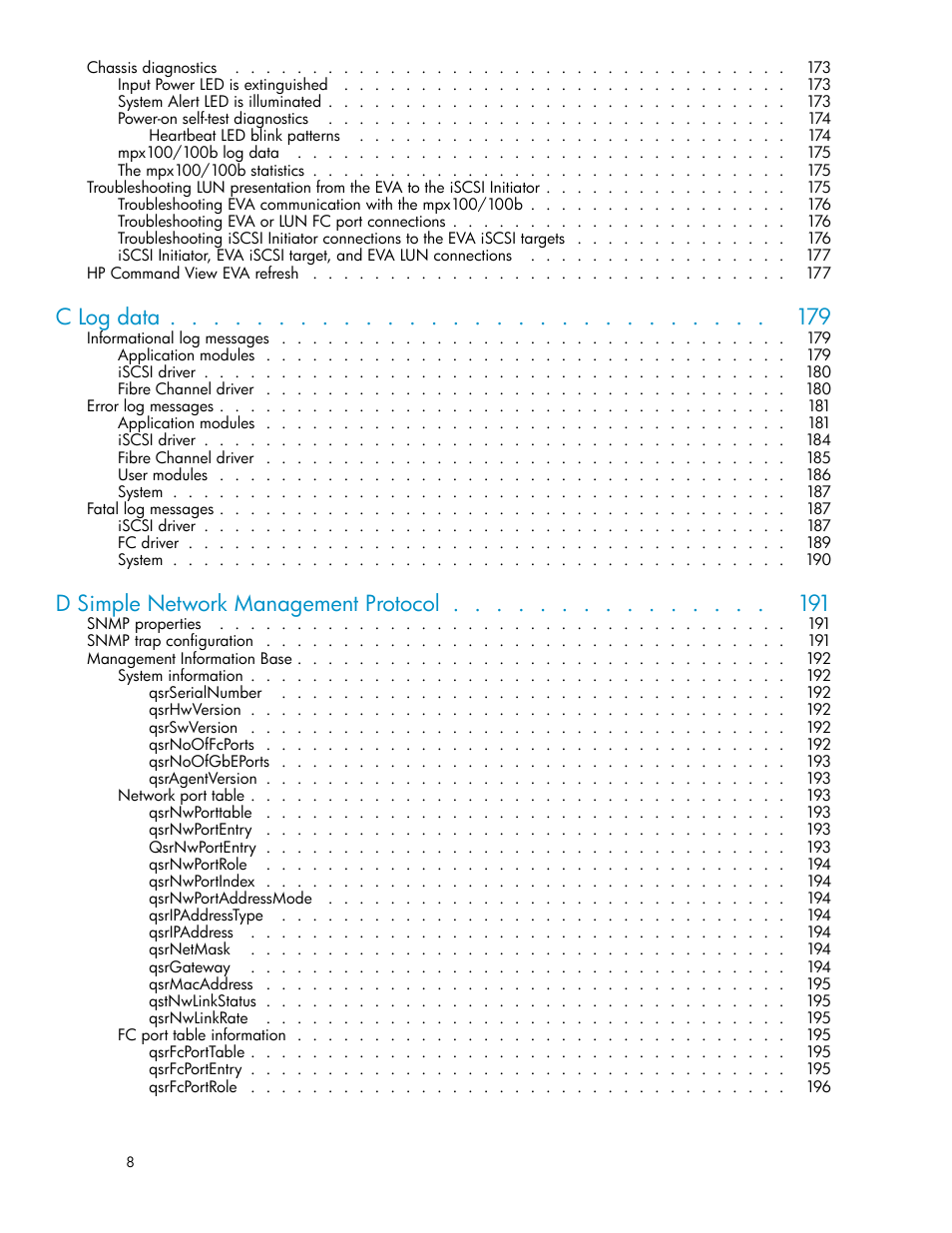 C log data, D simple network management protocol | HP EVA Array iSCSI Connectivity Option User Manual | Page 8 / 229