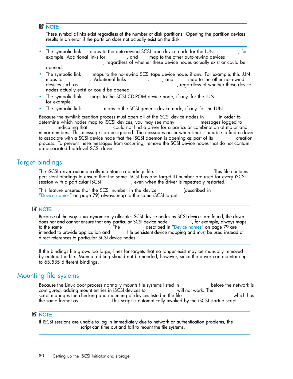 Target bindings, Mounting file systems | HP EVA Array iSCSI Connectivity Option User Manual | Page 80 / 229