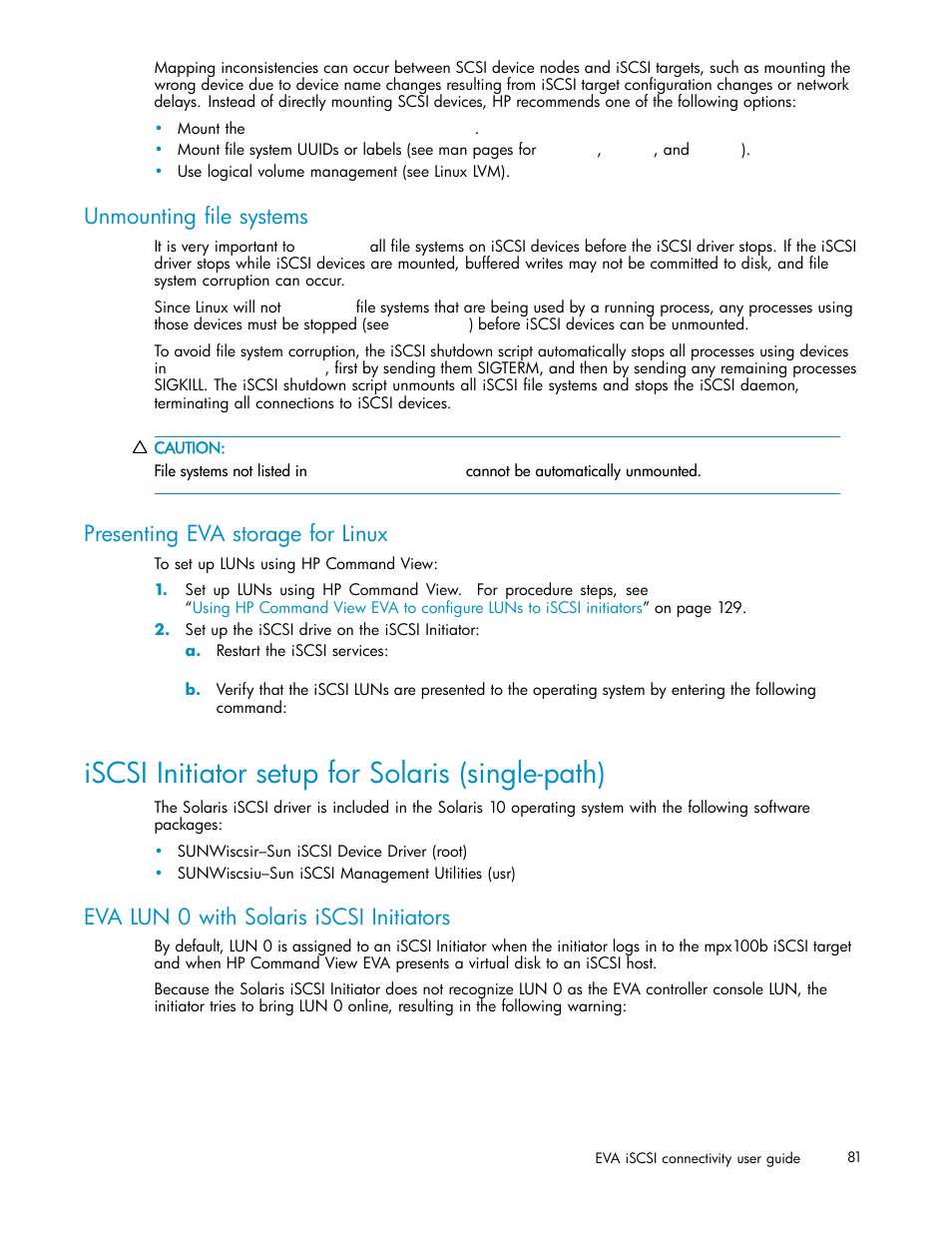 Unmounting file systems, Presenting eva storage for linux, Iscsi initiator setup for solaris (single-path) | Eva lun 0 with solaris iscsi initiators | HP EVA Array iSCSI Connectivity Option User Manual | Page 81 / 229