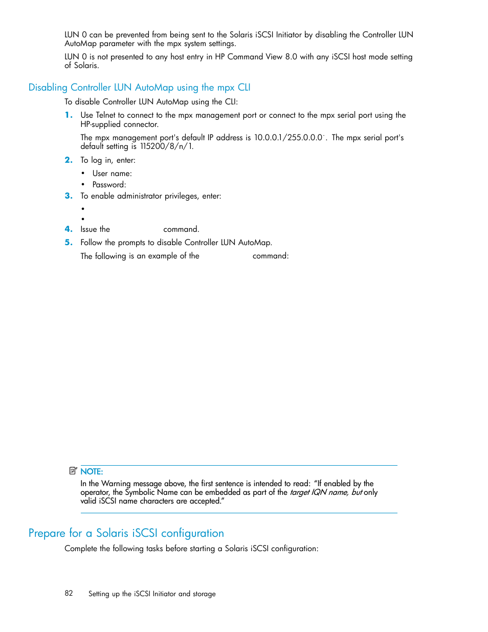 Disabling controller lun automap using the mpx cli, Prepare for a solaris iscsi configuration | HP EVA Array iSCSI Connectivity Option User Manual | Page 82 / 229