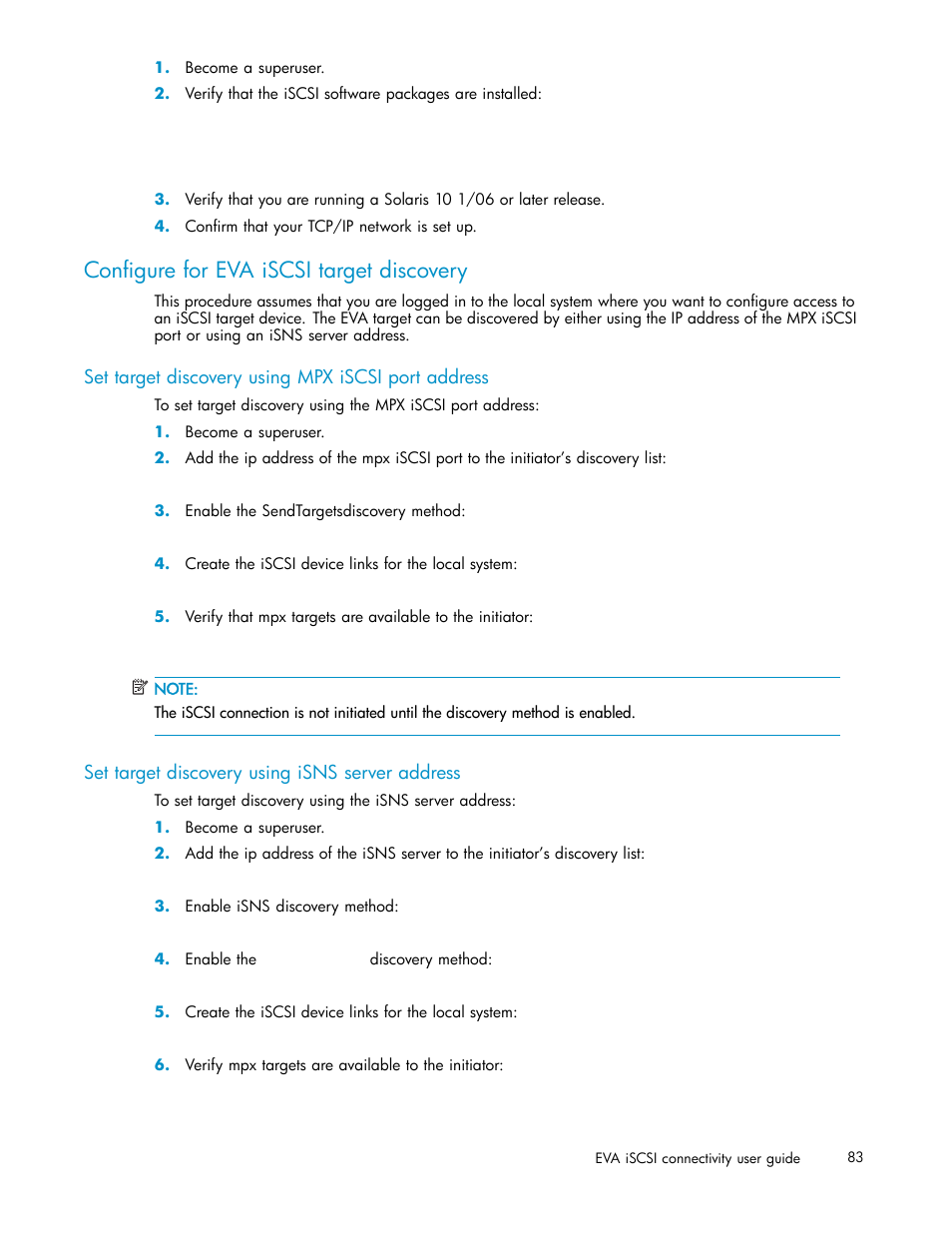 Configure for eva iscsi target discovery, Set target discovery using mpx iscsi port address, Set target discovery using isns server address | HP EVA Array iSCSI Connectivity Option User Manual | Page 83 / 229
