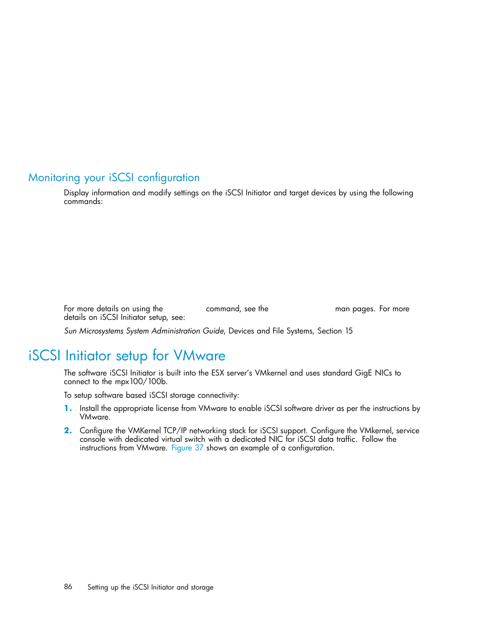 Monitoring your iscsi configuration, Iscsi initiator setup for vmware | HP EVA Array iSCSI Connectivity Option User Manual | Page 86 / 229